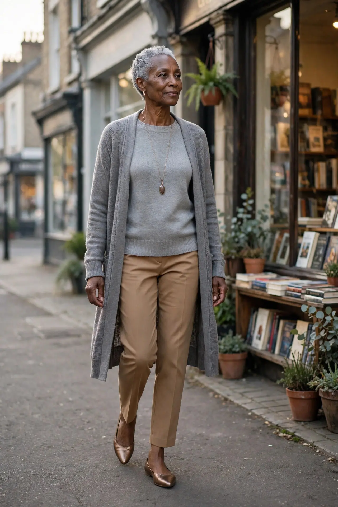 Woman over 60 in a grey knit sweater and long tonal cardigan with camel ankle trousers and metallic pointed flats