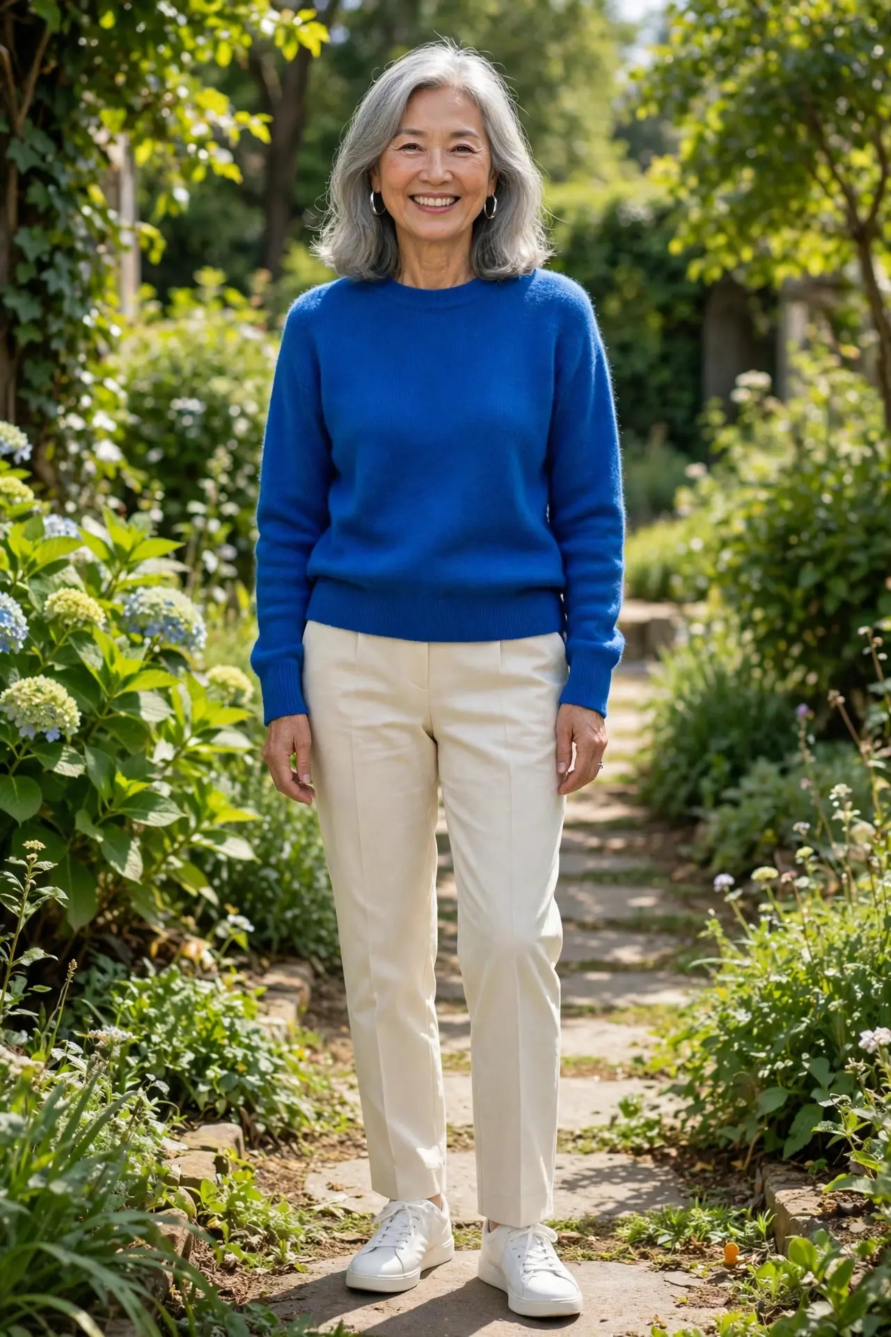 Woman over 60 wearing a cobalt blue sweater, cream trousers and white sneakers on a garden path
