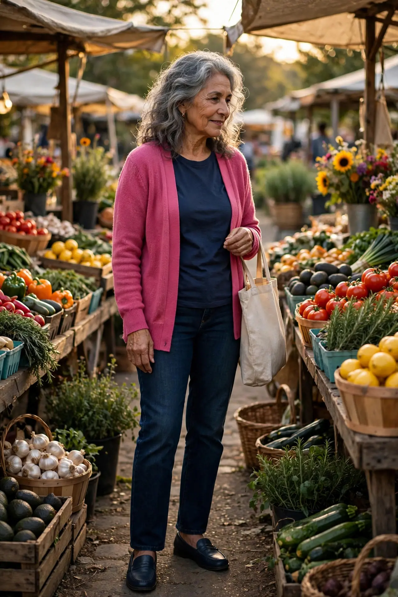 Woman over 60 in a raspberry cardigan over a navy tee with dark jeans and navy loafers at a farmers market
