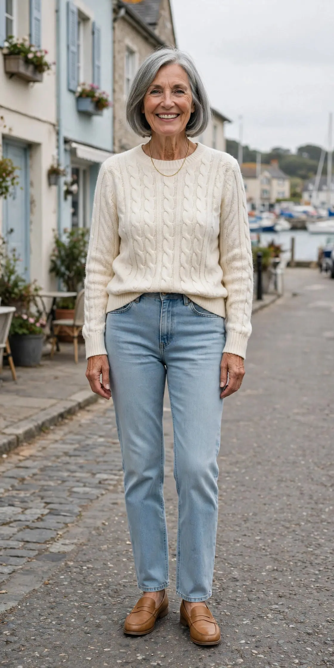 Woman over 60 in light-wash straight jeans and a cream cable sweater with tan loafers in a seaside town