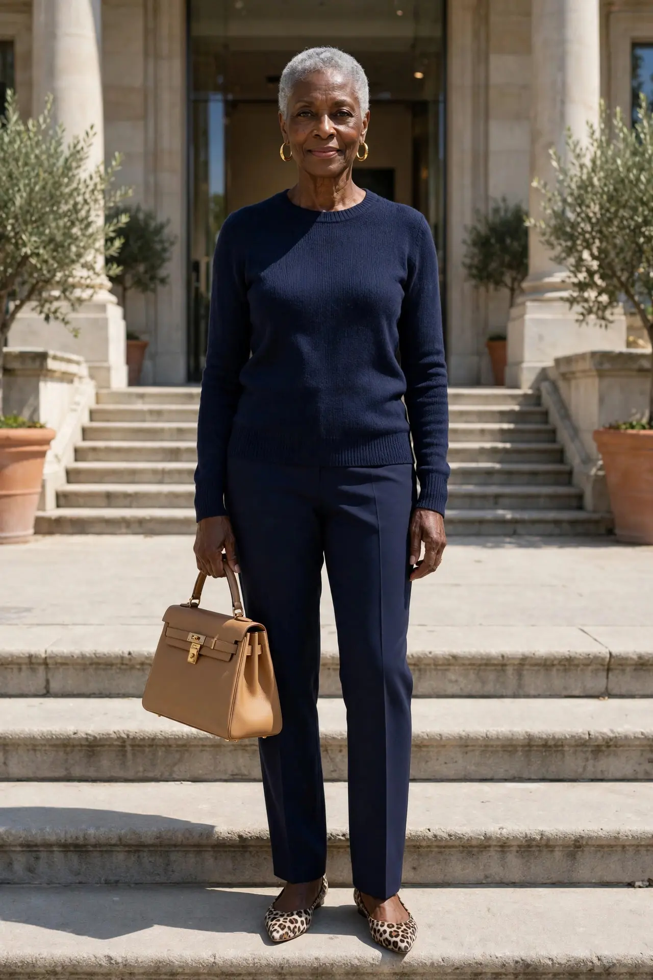 Woman over 60 in an all-navy outfit with leopard print flats and gold hoop earrings outside a gallery