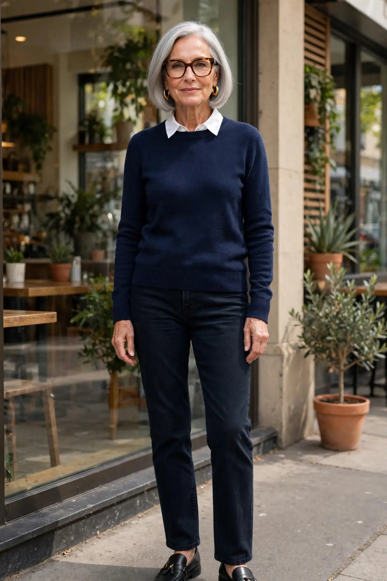 Woman over 60 wearing tortoiseshell glasses, gold hoops and a navy sweater with a white collar and dark jeans