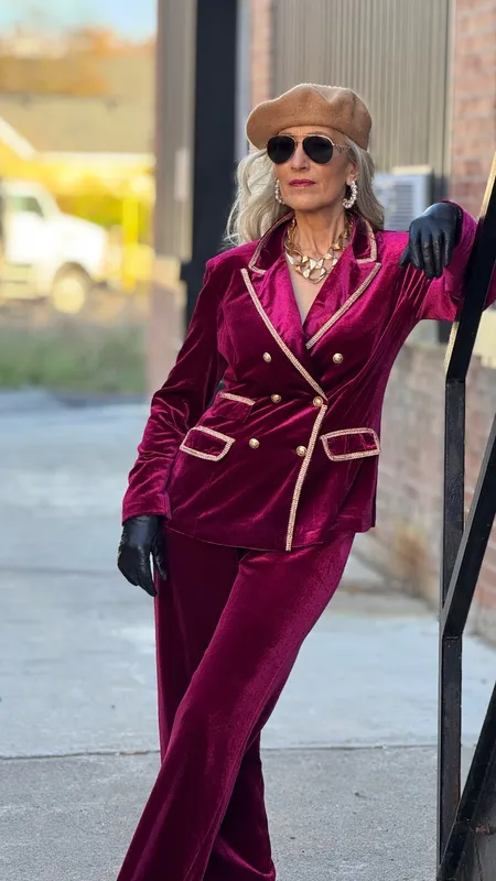Burgundy Jumpsuit + Velvet Blazer + Loafers - outfit idea for women over 50