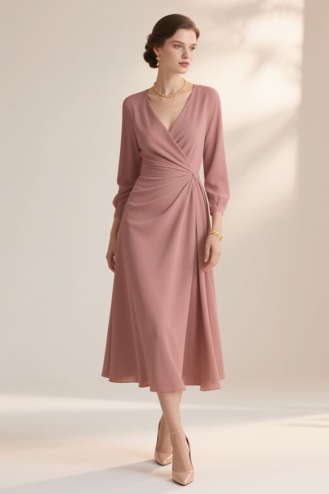 Dusty Rose Chiffon Dress + Nude Wedges + Pashmina - outfit idea for women over 50