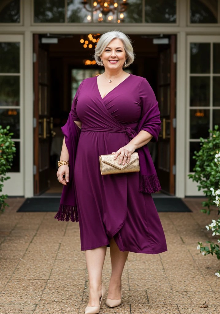 Plum Wrap Dress + Gold Sandals + Velvet Shawl - outfit idea for women over 50