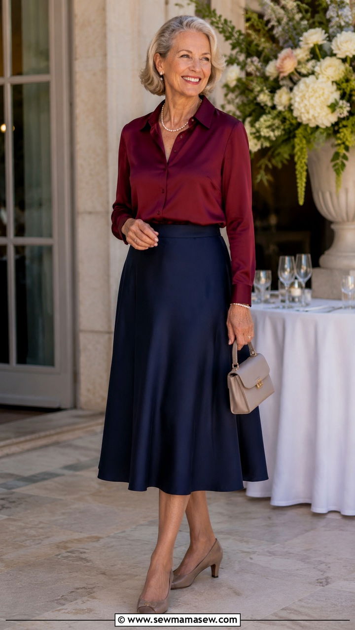 Burgundy Skirt Suit + Silk Blouse - outfit idea for women over 50