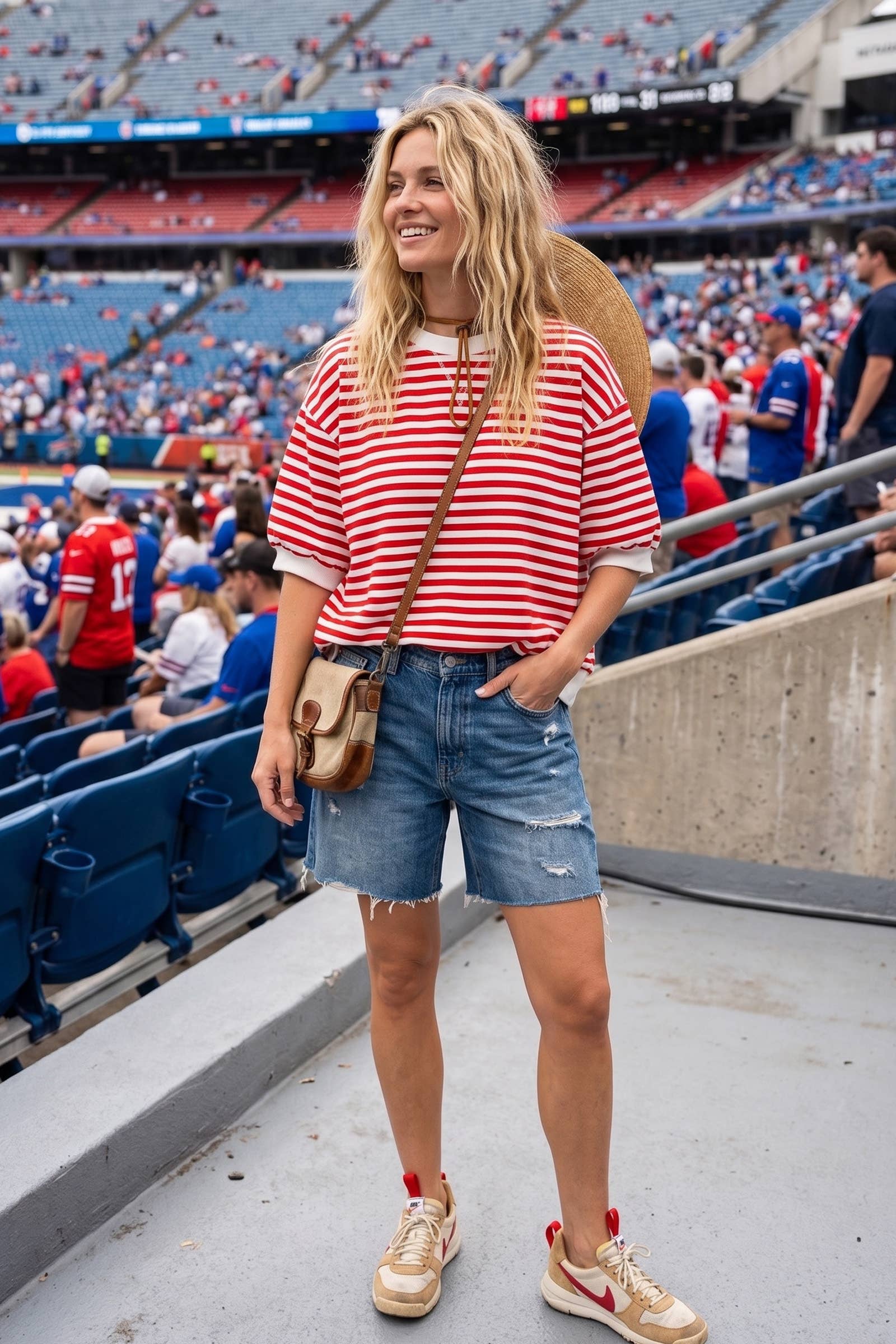 Day Game: Red Cable Sweater + Light Jeans + White Sneakers - outfit idea for women over 50