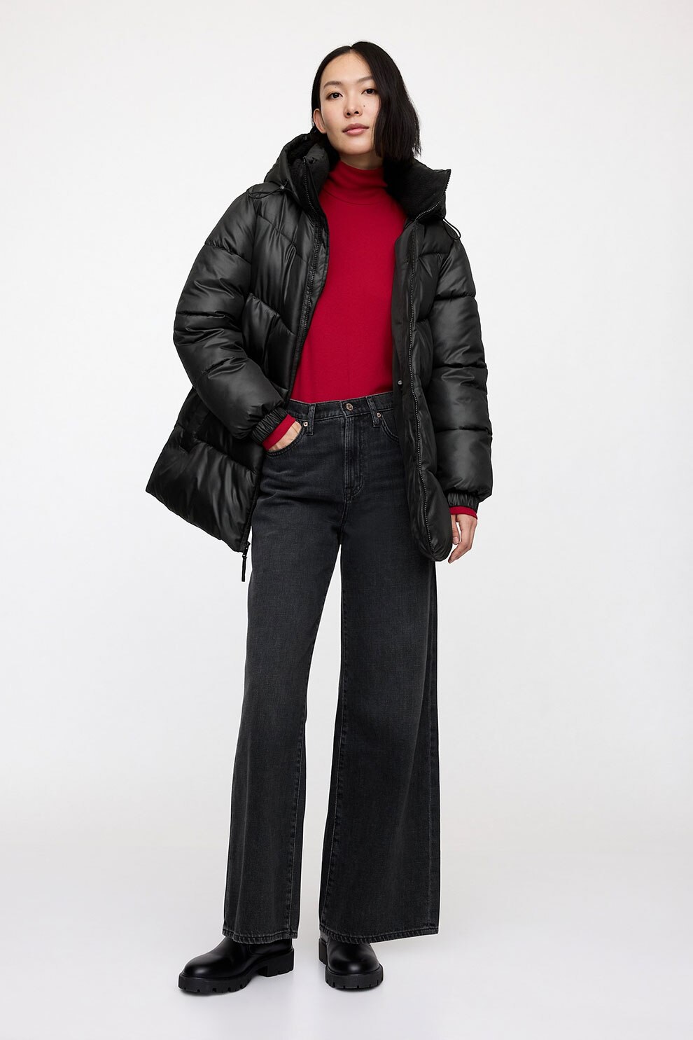 Night Game: Black Puffer + Red Turtleneck + Black Jeans + Boots - outfit idea for women over 50