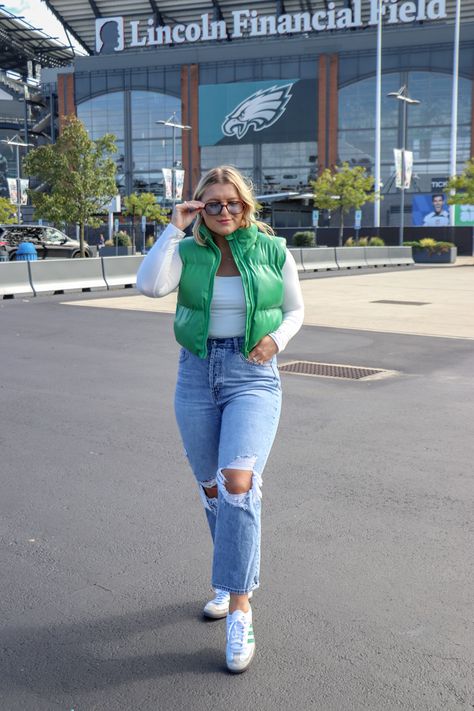 Day Game: Green Quilted Vest + White Tee + Jeans - outfit idea for women over 50