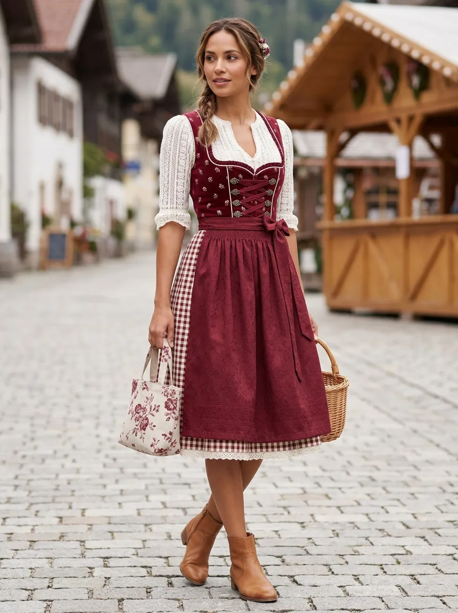 Lace-Trim Blouse + Full Midi Skirt + Corset Belt - outfit idea for women over 50