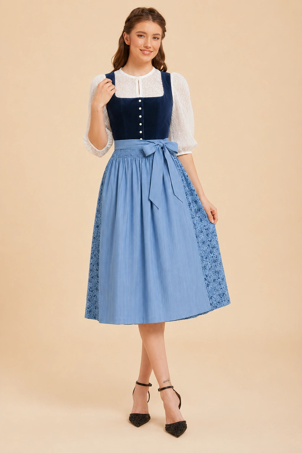 Solid Navy Midi Dirndl + White Blouse - outfit idea for women over 50