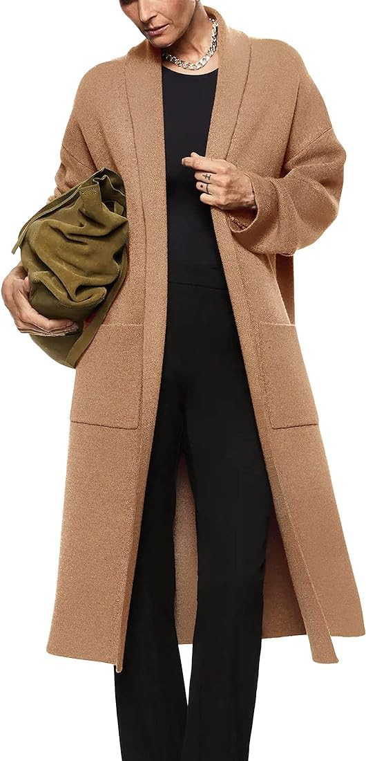 Camel Long Cardigan + Black Turtleneck + Black Trousers - outfit idea for women over 50