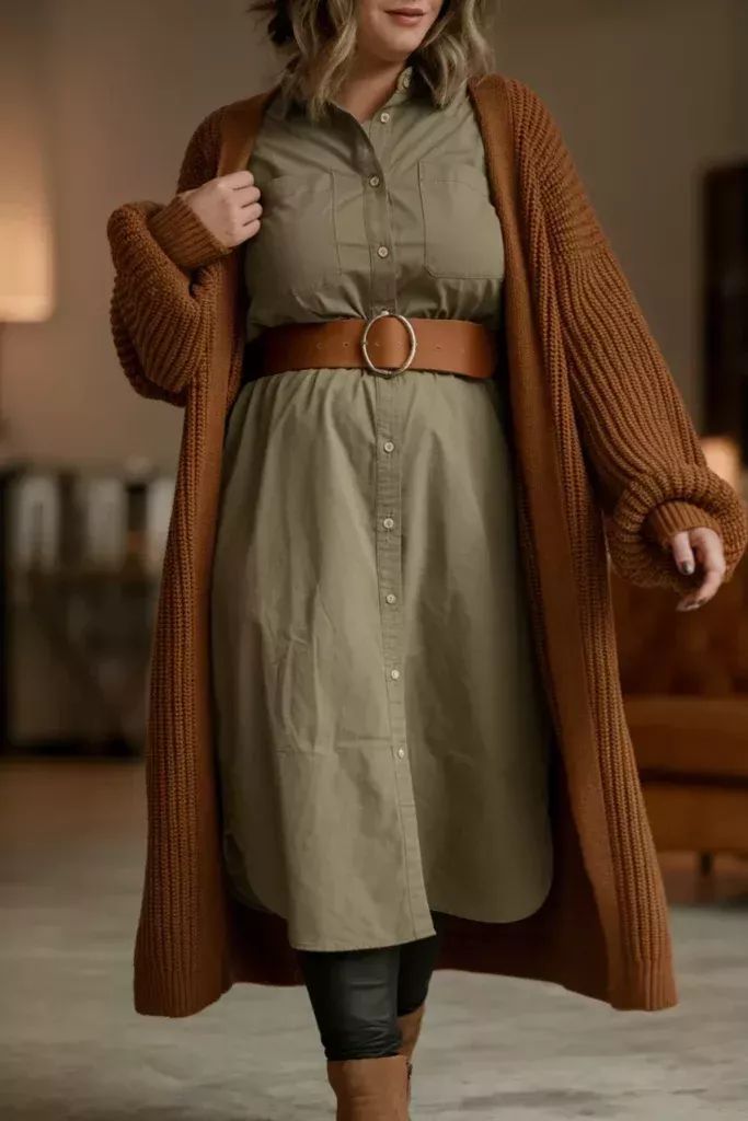 Belted Long Cardigan + Shirt Dress + Ankle Boots - outfit idea for women over 50