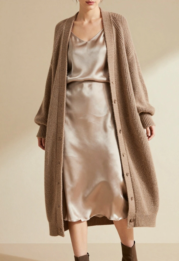 Long Cardigan + Satin Midi Skirt + Fine Knit - outfit idea for women over 50