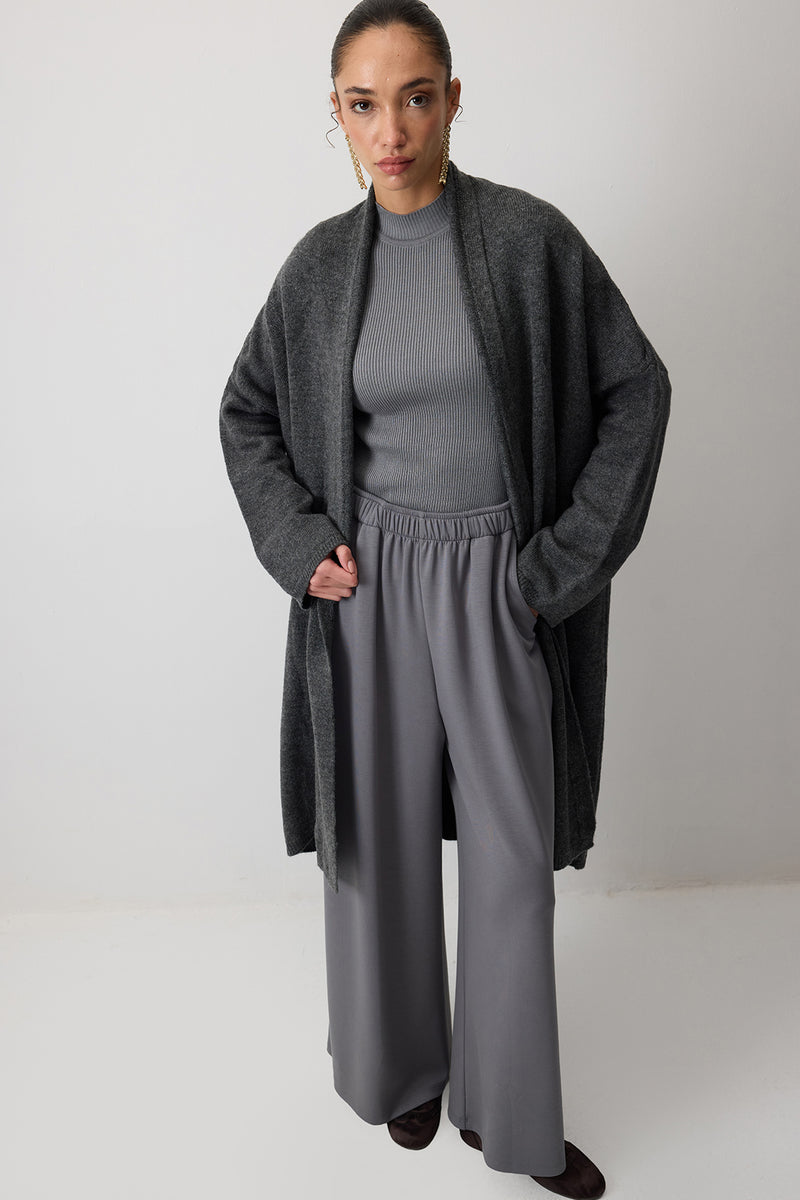 Grey Long Cardigan + Grey Knit + Grey Trousers - outfit idea for women over 50