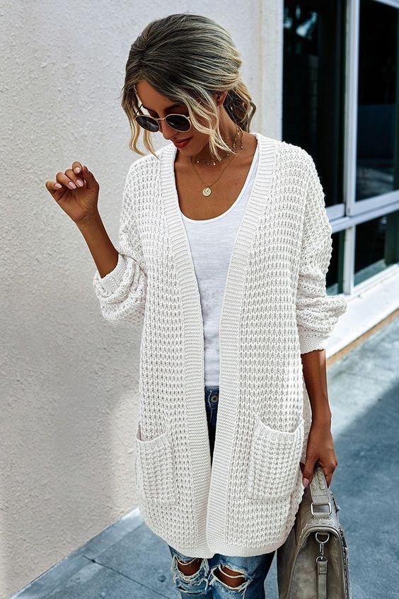 Oatmeal Long Cardigan + White Tee + Dark Straight Jeans - outfit idea for women over 50