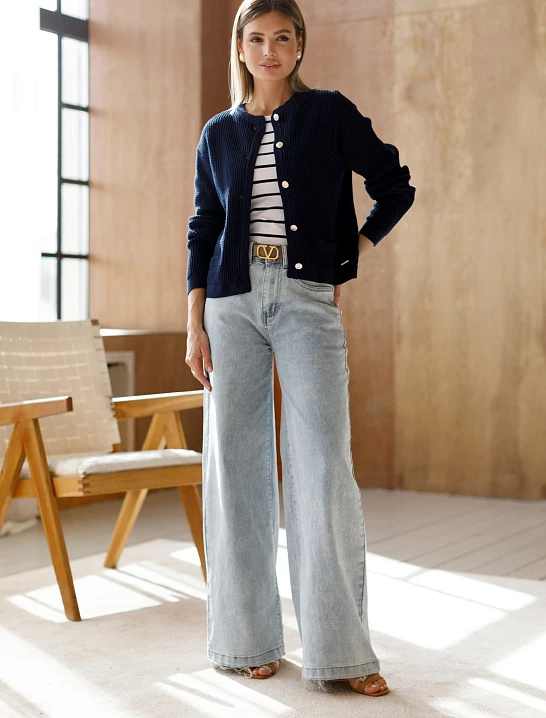 Navy Long Cardigan + Striped Tee + Light Jeans - outfit idea for women over 50