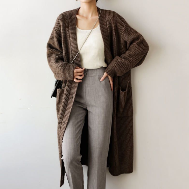 Fine Long Cardigan + Tucked Knit + Wide Trousers + Belt - outfit idea for women over 50