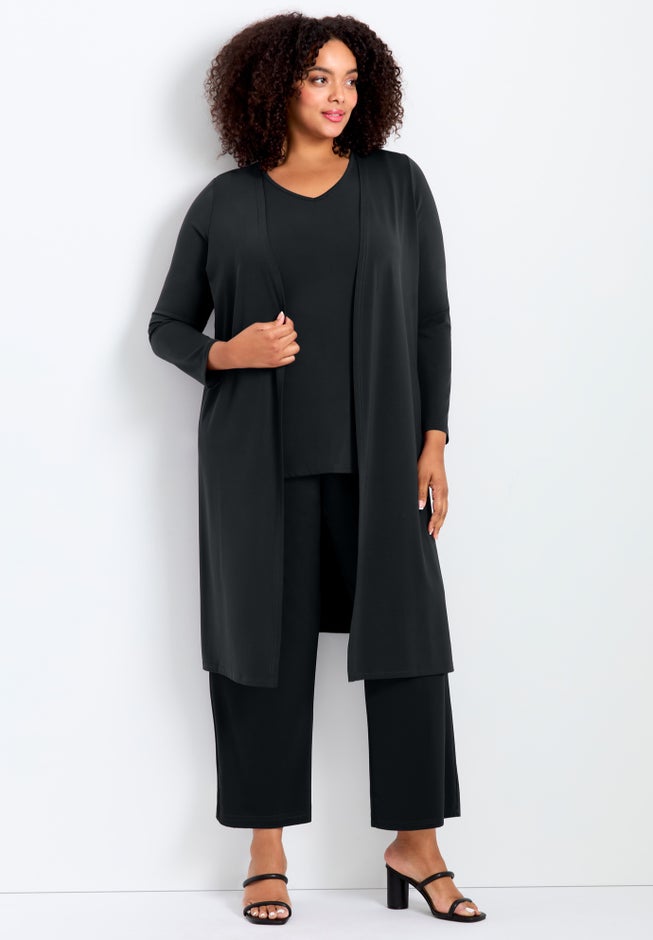 Black Duster Cardigan + Black Wide Trousers + Silk Cami - outfit idea for women over 50
