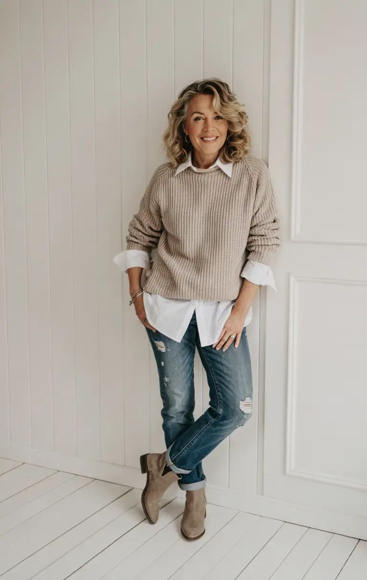 Oversized Cream Sweater + Slim Jeans + Front Tuck - outfit idea for women over 50
