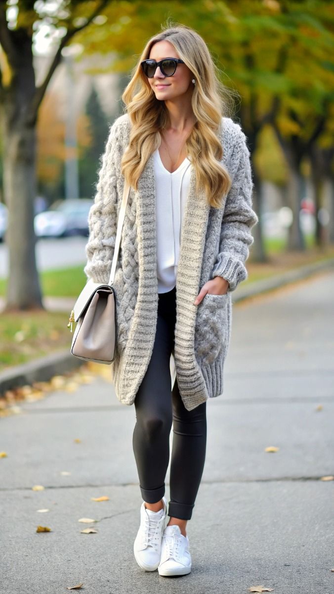 Oversized Grey Sweater + Leggings + Long Cardigan → Leggings + Sweater Only - outfit idea for women over 50