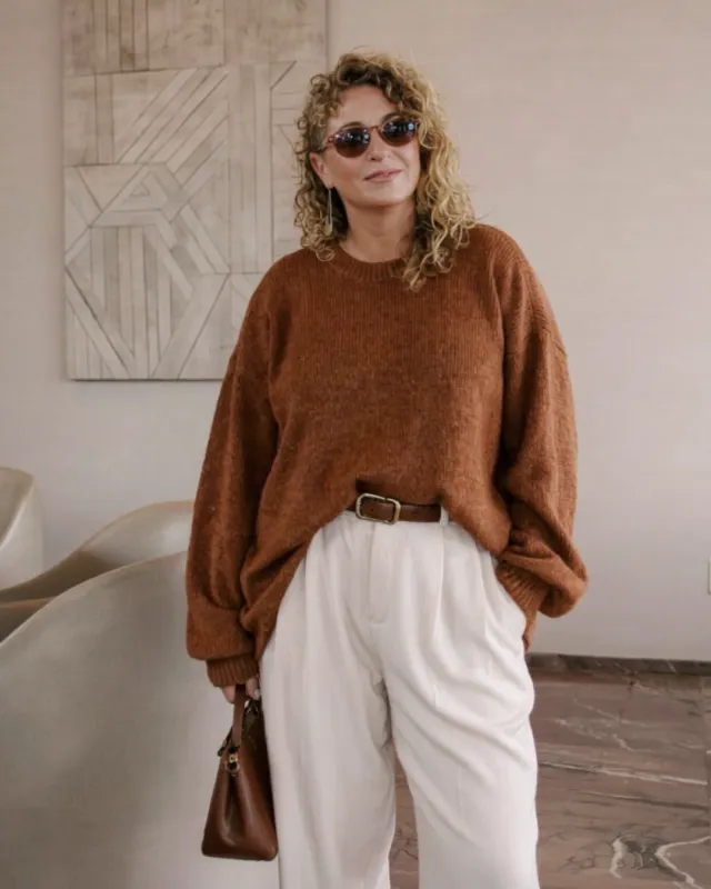 Oversized Rust Sweater + Wide Trousers + Thin Belt - outfit idea for women over 50