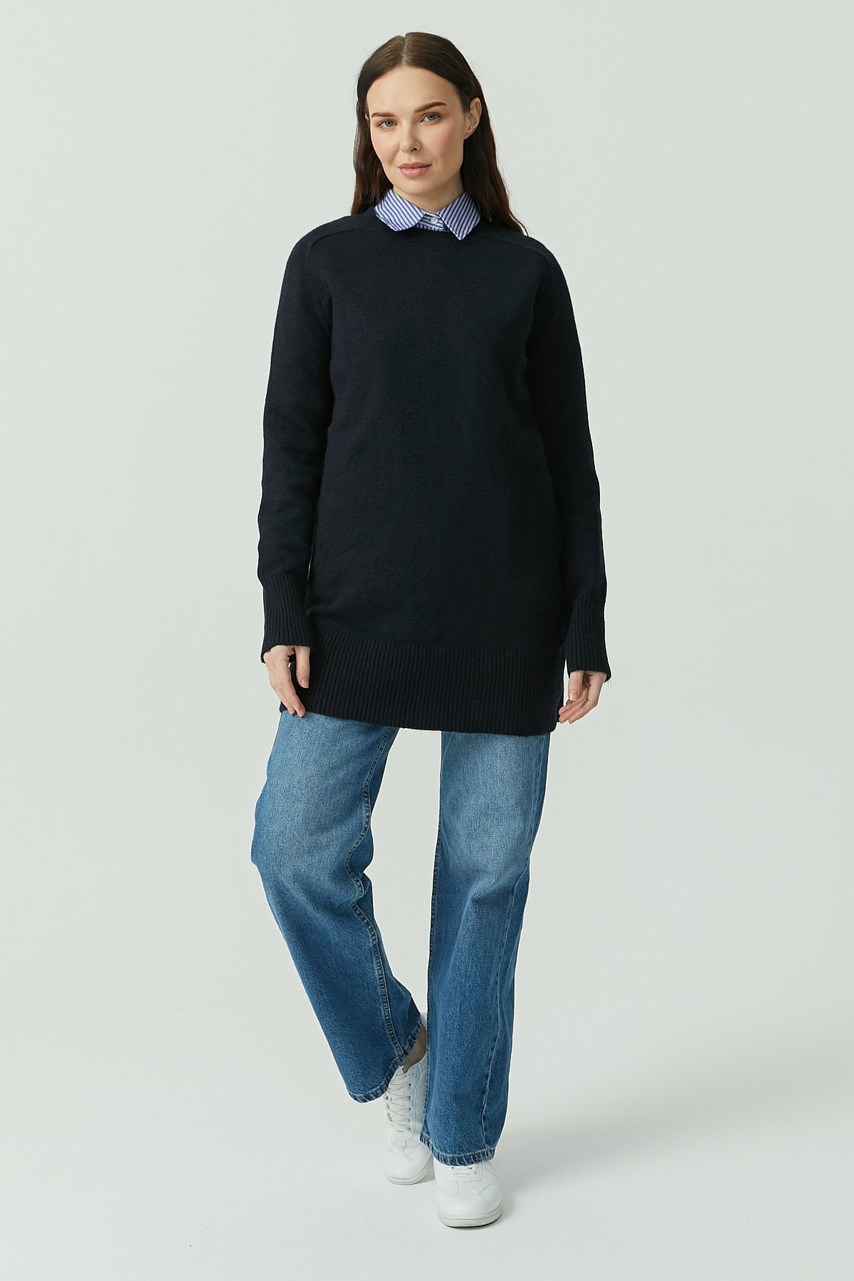 Oversized Navy Sweater + Collared Shirt Underneath - outfit idea for women over 50