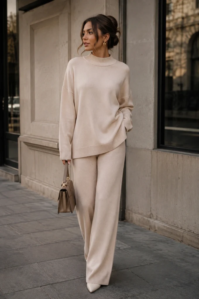 Camel Oversized Mock Neck + Slim Trousers + Drop Earrings - outfit idea for women over 50