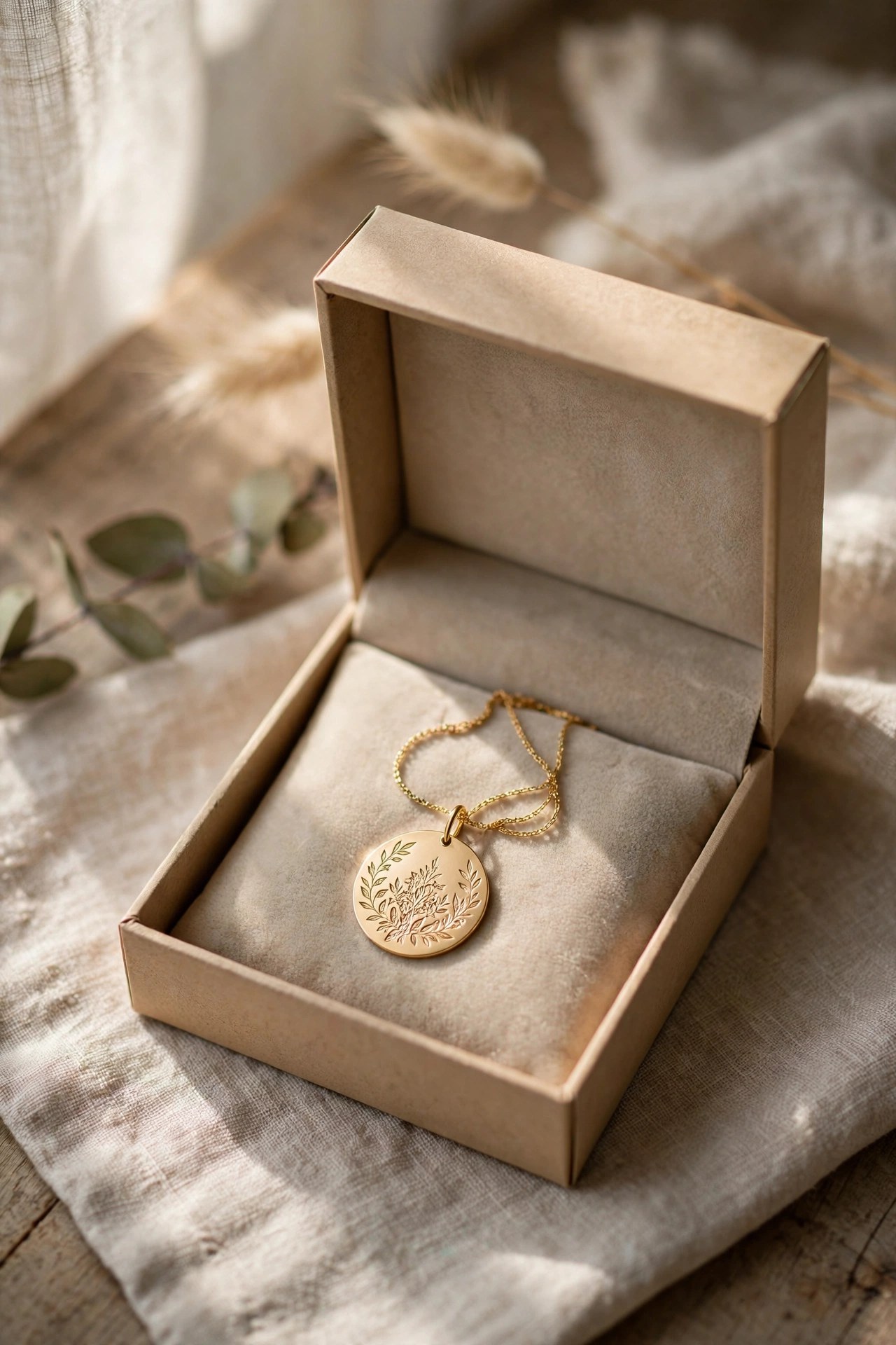Gold pendant necklace with engraved initials in a gift box, personalized gift for women