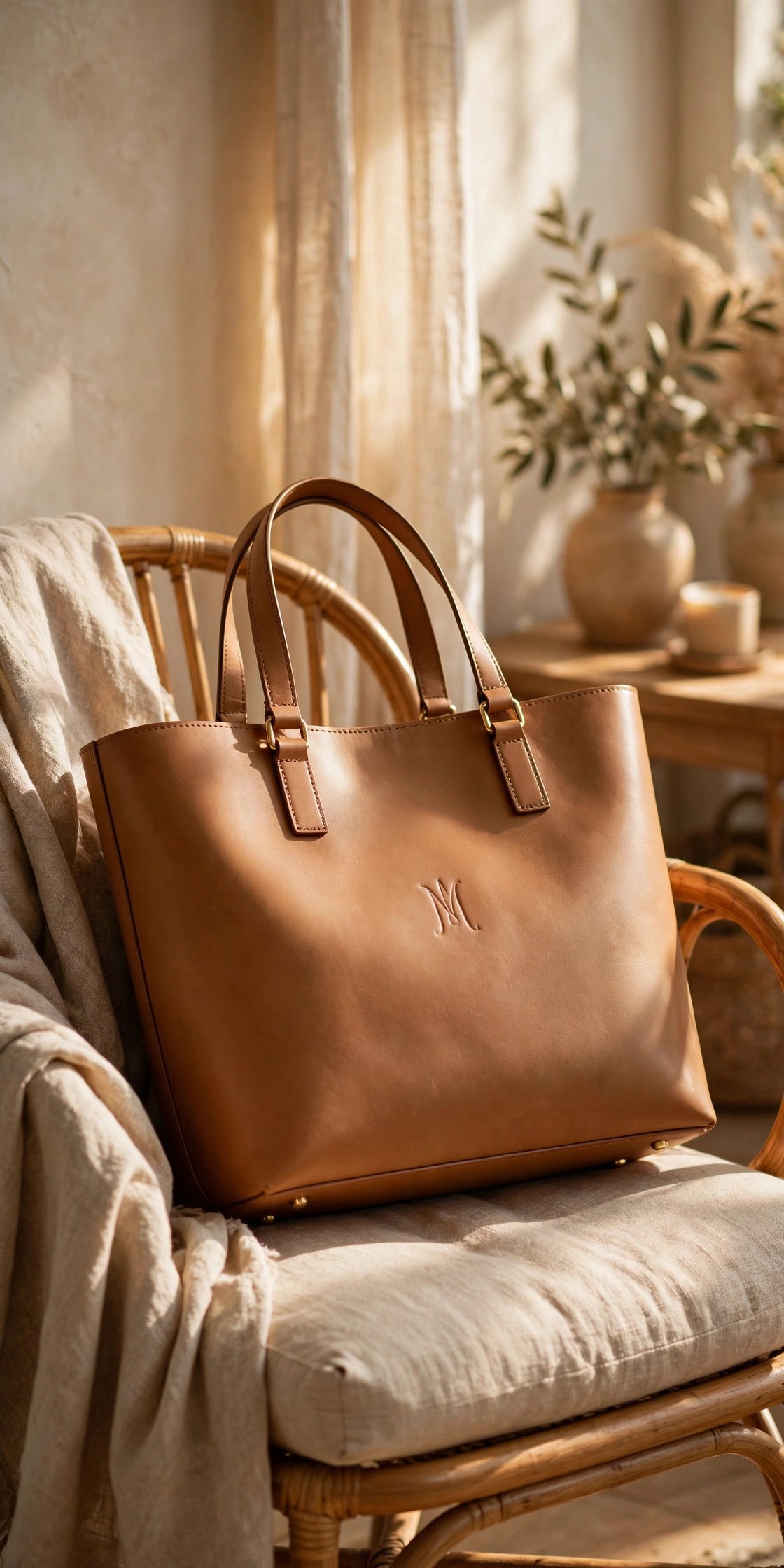Tan leather tote bag with monogrammed initials, personalized gift for her