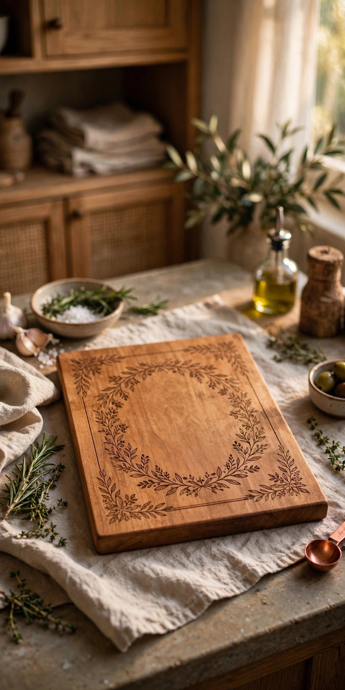 Wooden cutting board with engraved family name in a cozy kitchen, personalized gift