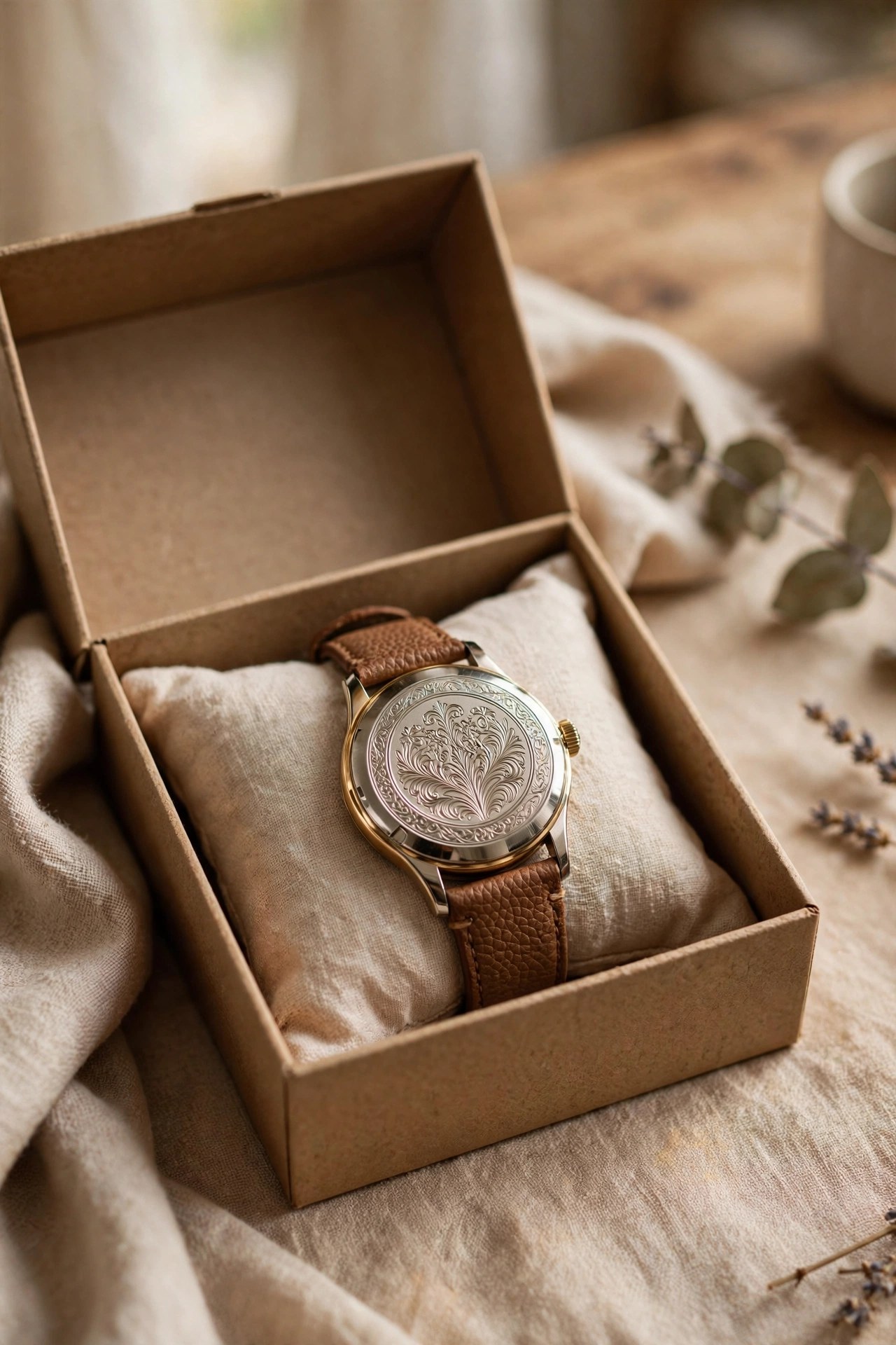 Elegant watch with engraved case back in a gift box, personalized jewelry gift