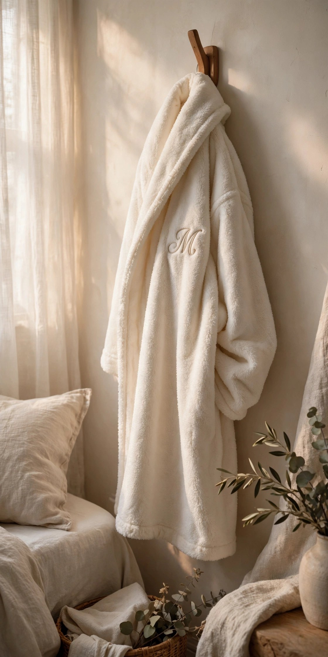 Plush robe with embroidered monogram on a hook, personalized luxury gift for her