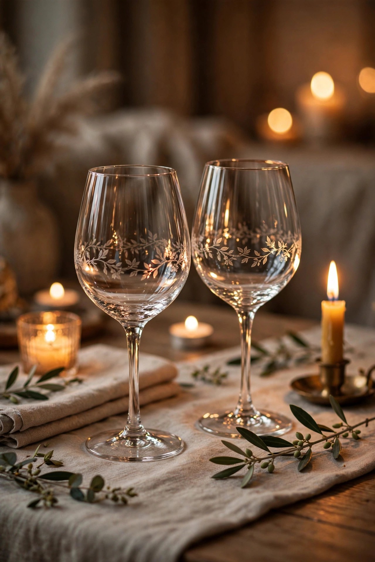 Pair of wine glasses with delicate engraving on a table, personalized gift for her