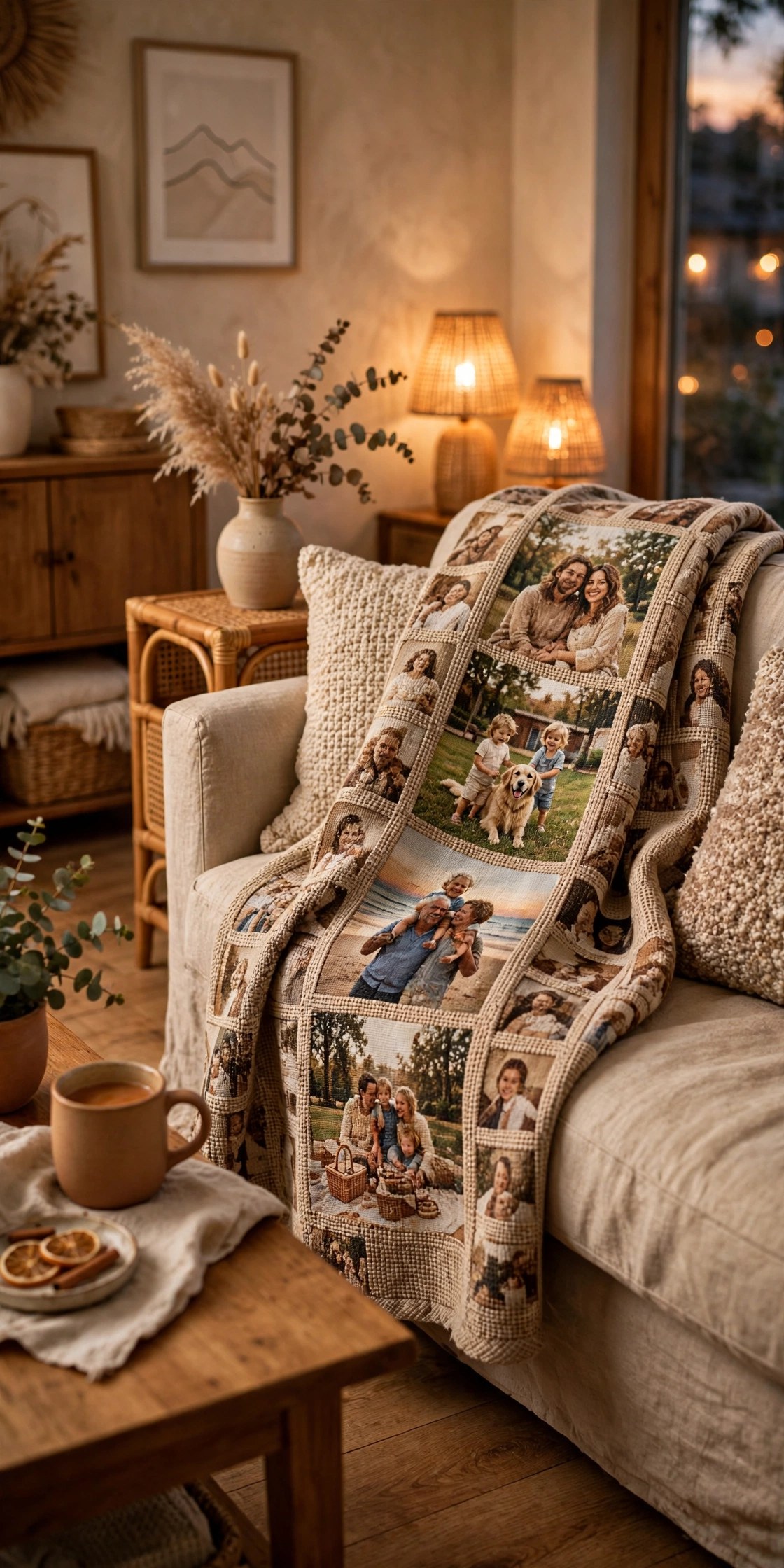 Cozy woven throw blanket featuring family photo collage, personalized gift