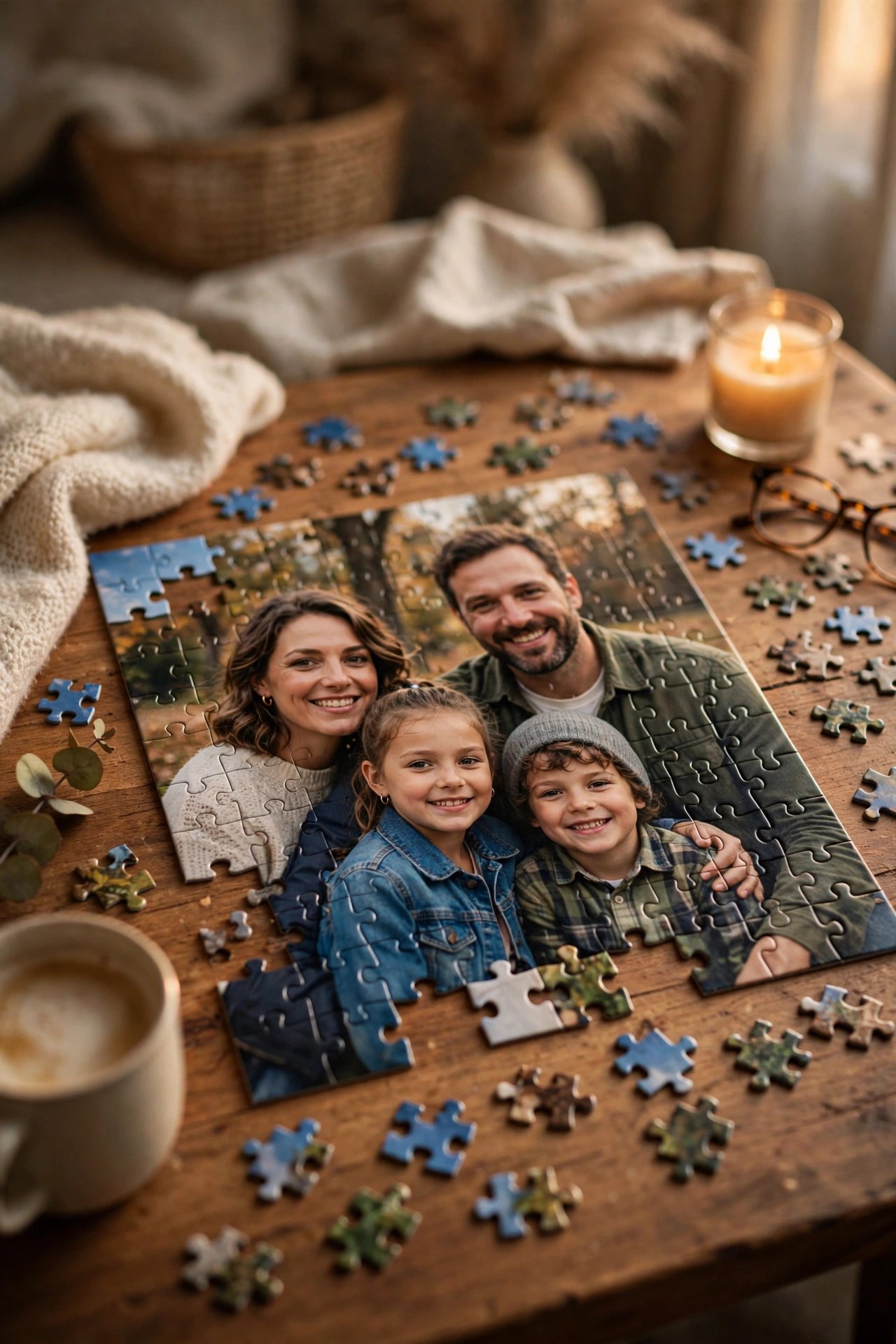 Jigsaw puzzle made from a family vacation photo on a table, personalized gift