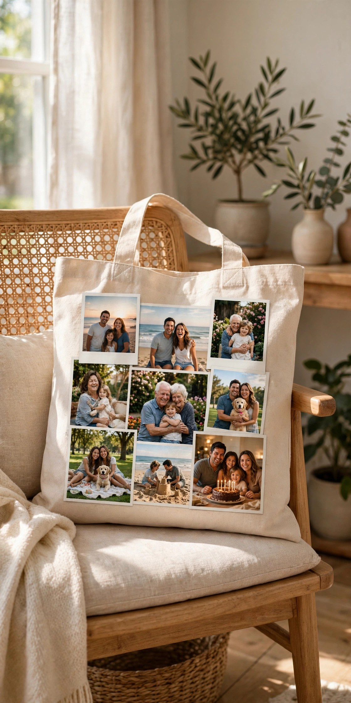 Canvas tote bag printed with family photos, personalized everyday gift for her