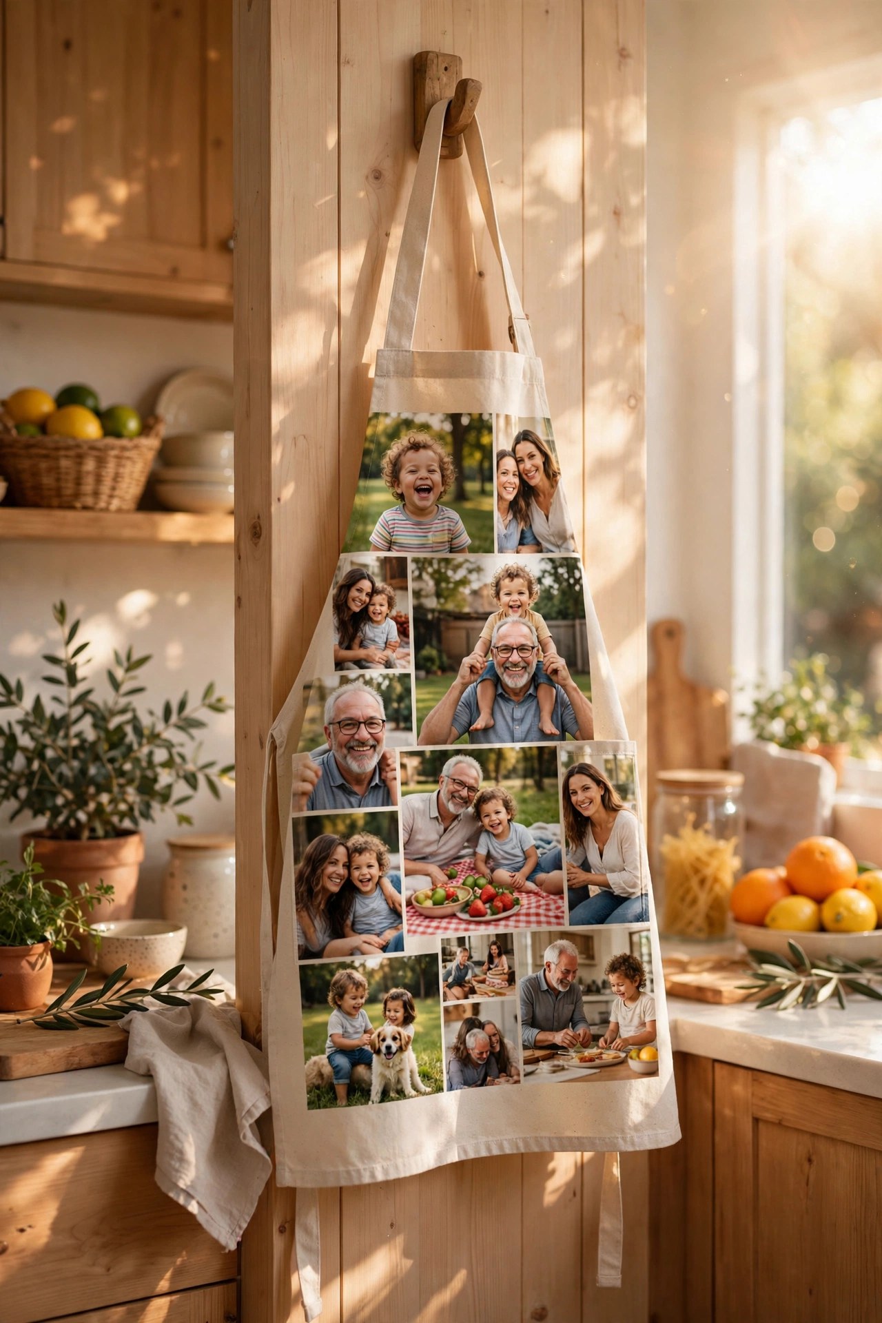 Apron printed with family photos in a cheerful kitchen, personalized gift for her
