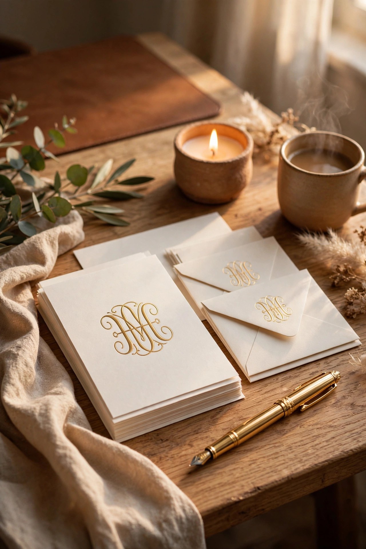 Elegant personalized stationery set with monogram on a writing desk, classic gift for her