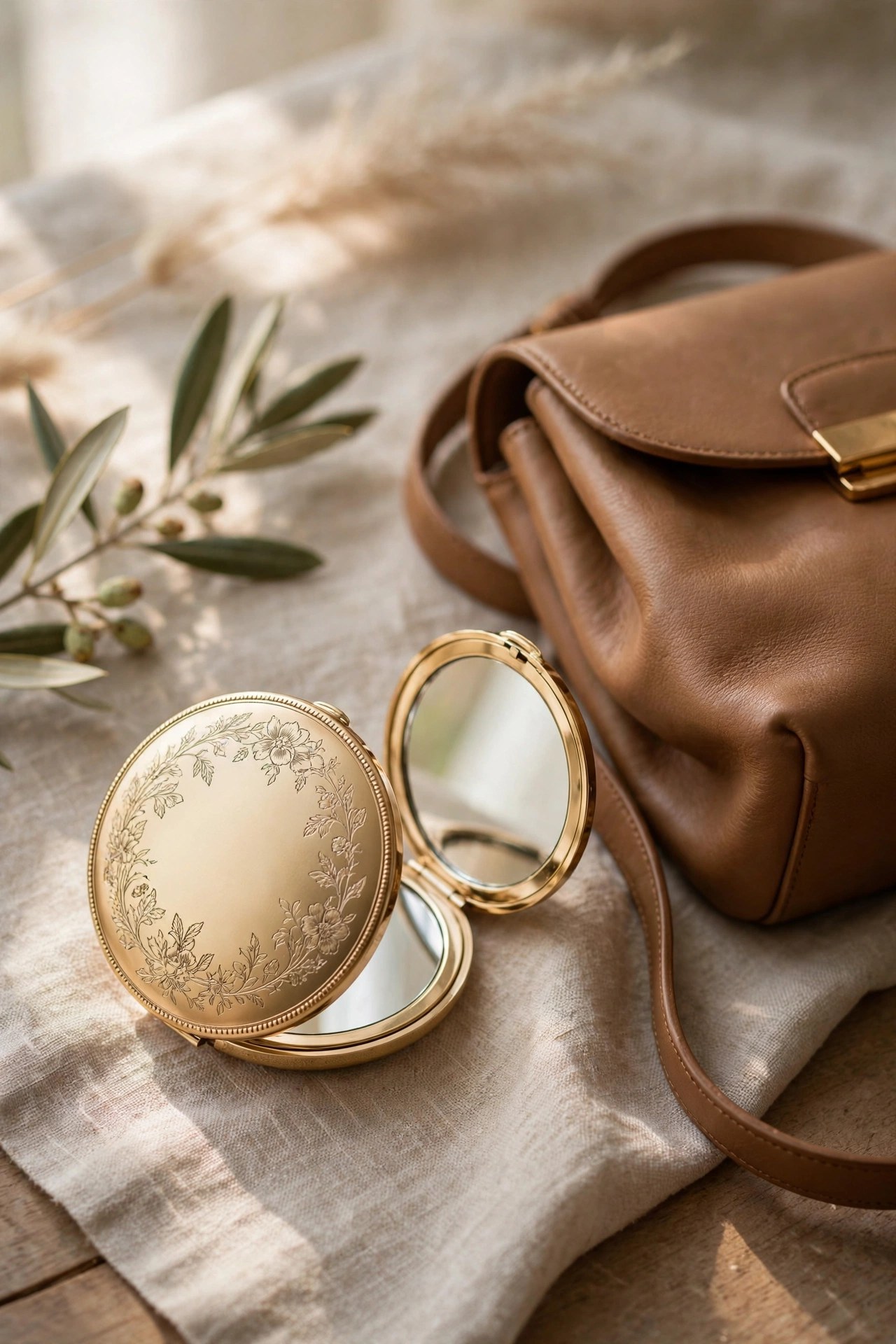 Elegant compact mirror with engraved lid in a handbag, personalized gift for women