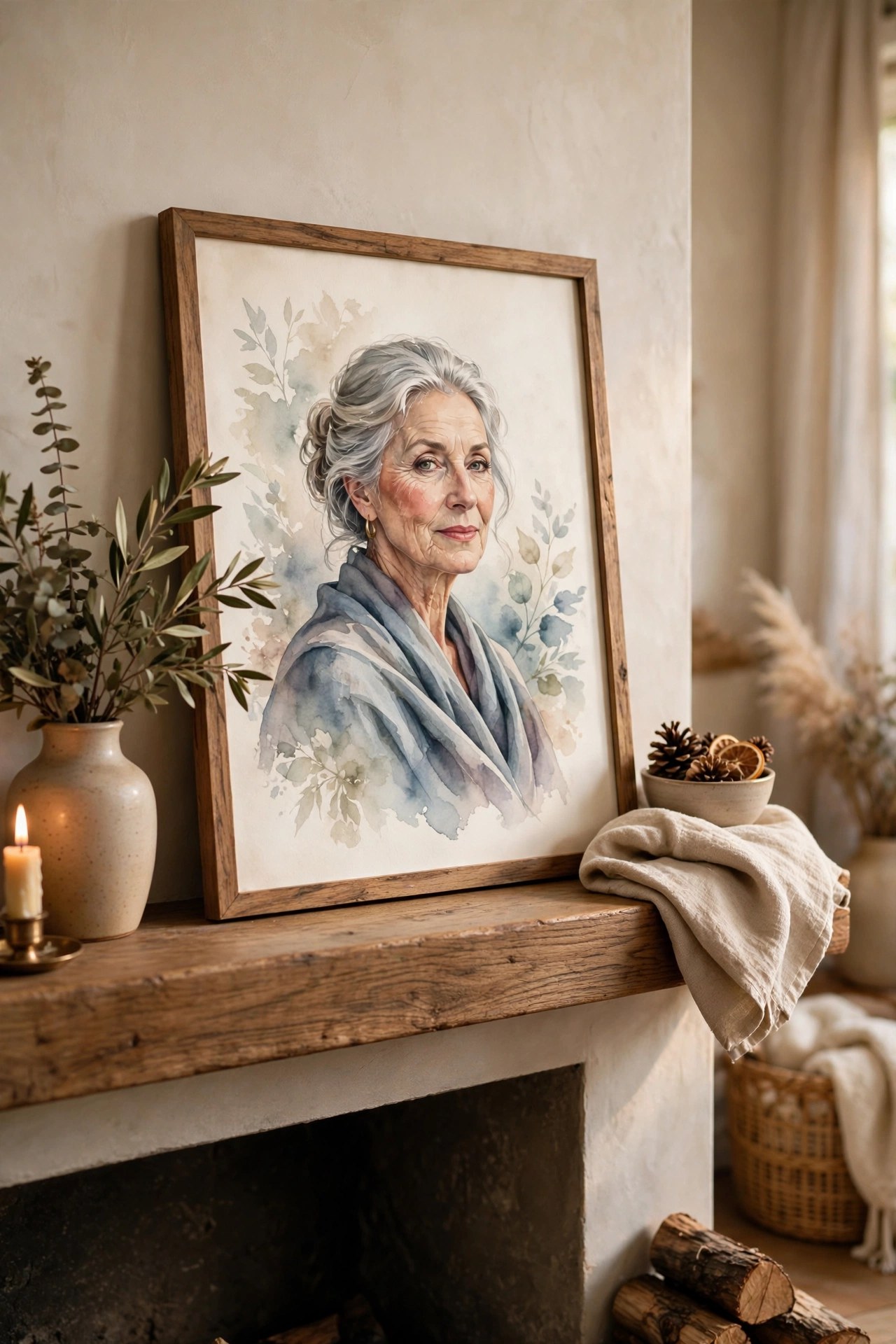 Custom watercolor portrait of a woman in a frame, personalized art gift