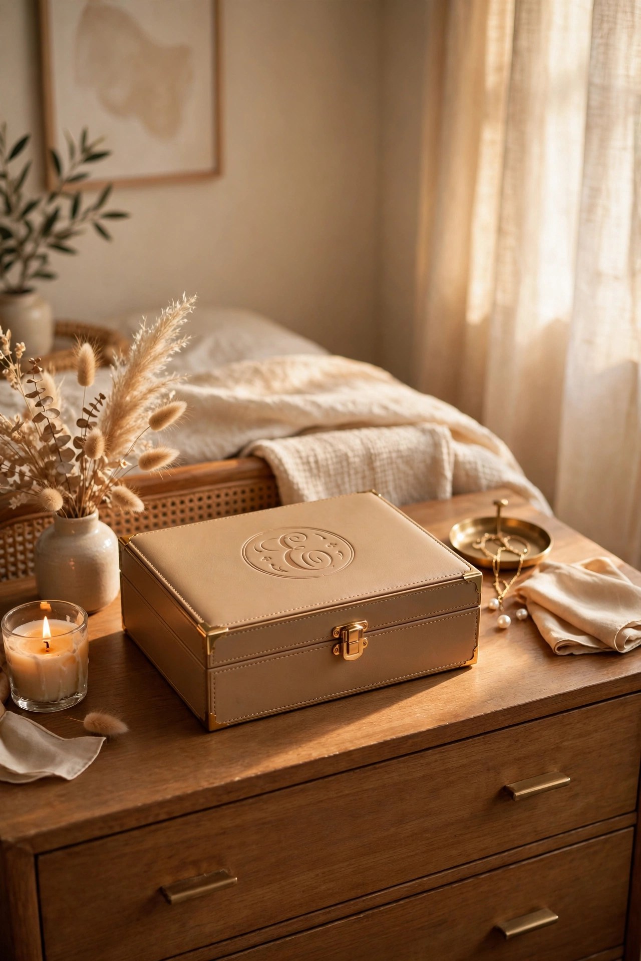 Elegant jewelry box with monogrammed lid on a dresser, personalized gift for her