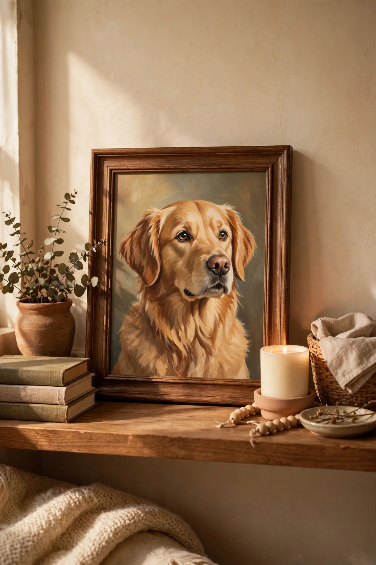 Custom painted portrait of a beloved dog in a frame, personalized pet lover gift
