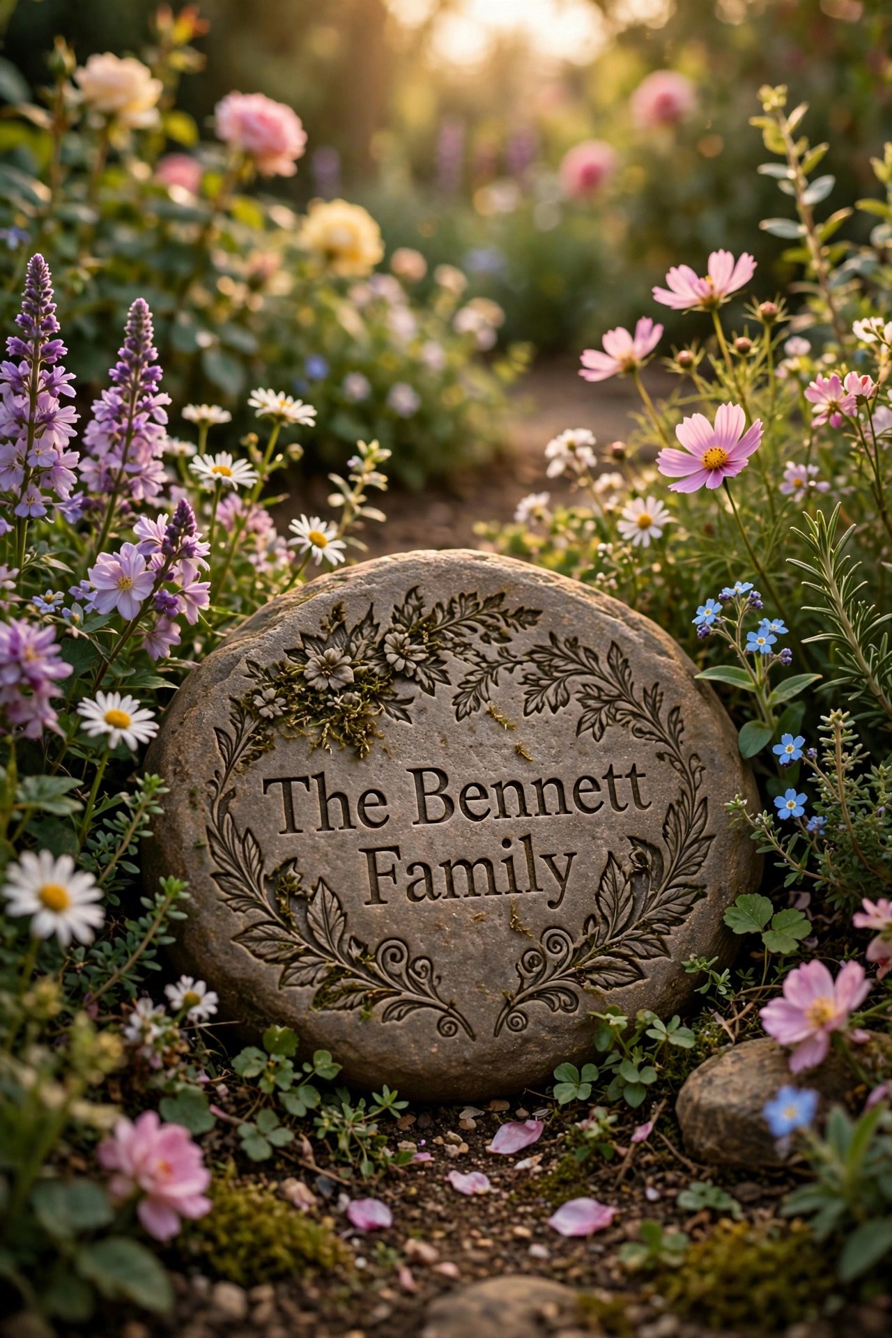 Engraved garden stepping stone with family name among flowers, personalized garden gift