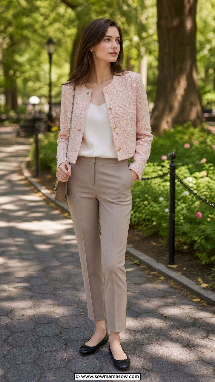 Pink tweed jacket with cream trousers and ballet flats, woman over 50