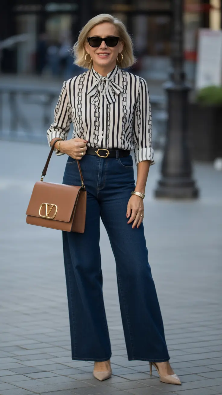 Pinstripe waistcoat over a silk blouse with wide-leg dark jeans and boots