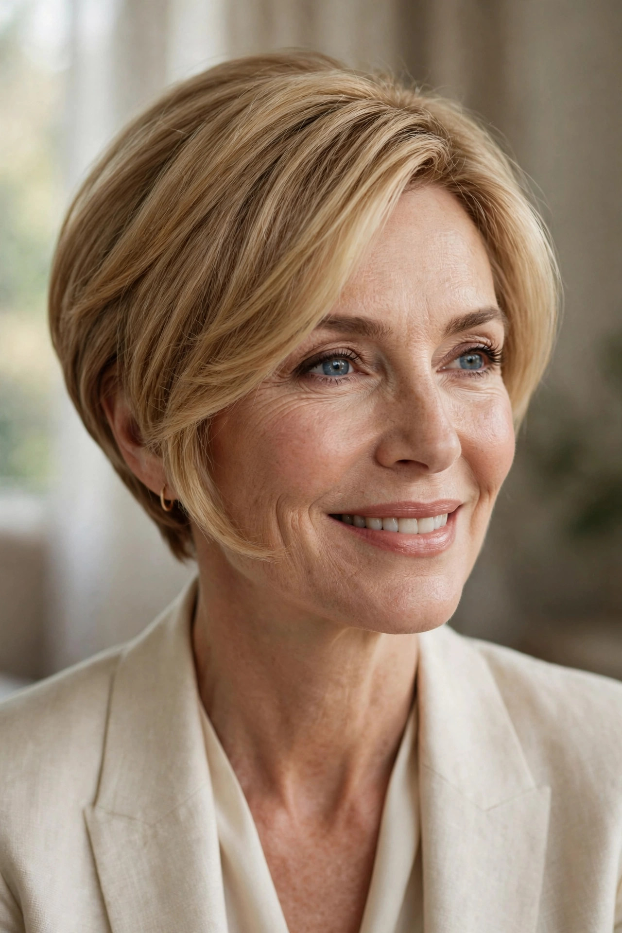 Woman in her 50s with a soft blonde rounded pixie bob