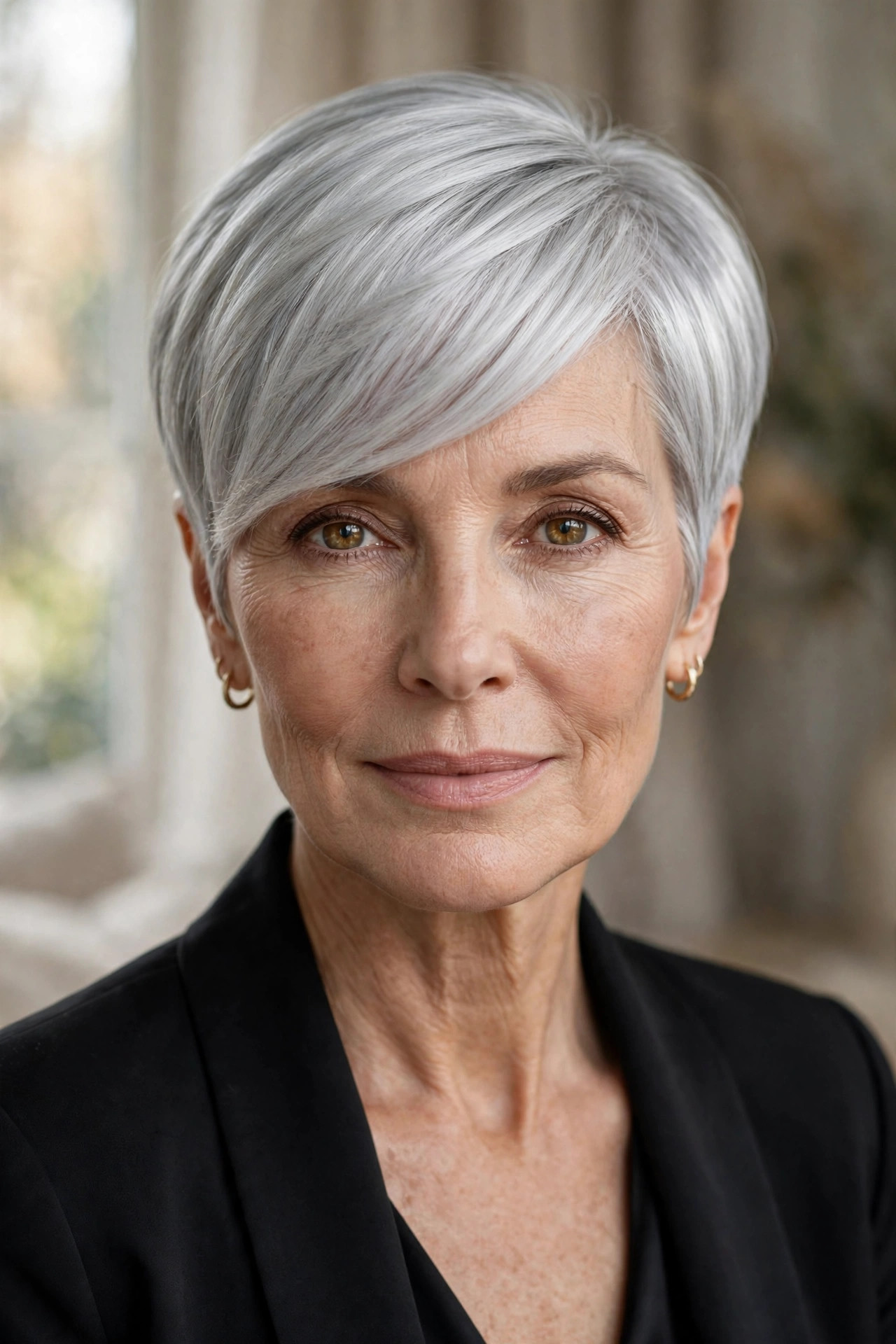 Woman in her 50s with a silver sleek tapered pixie bob