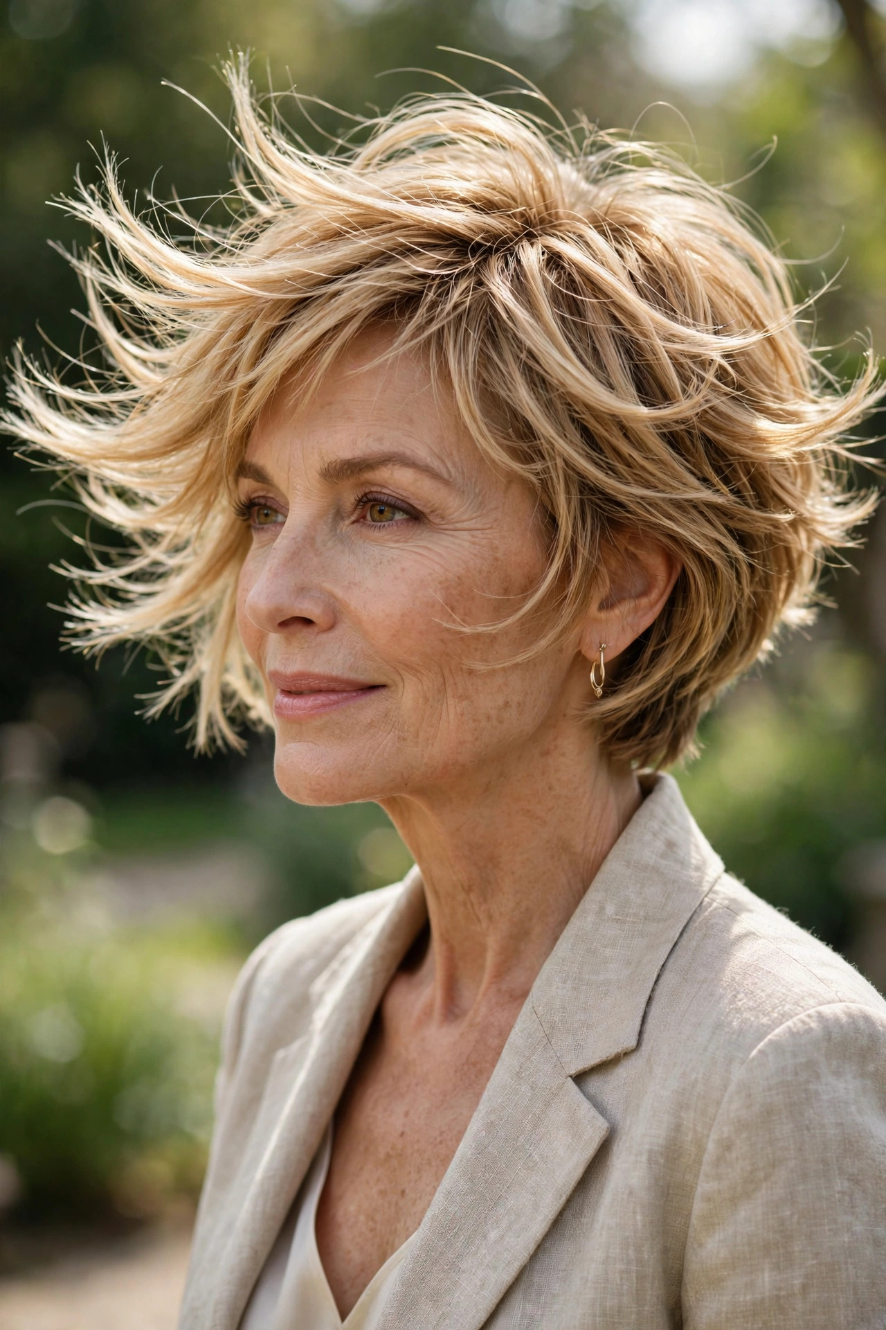 Woman in her 50s with a honey feathered pixie bob