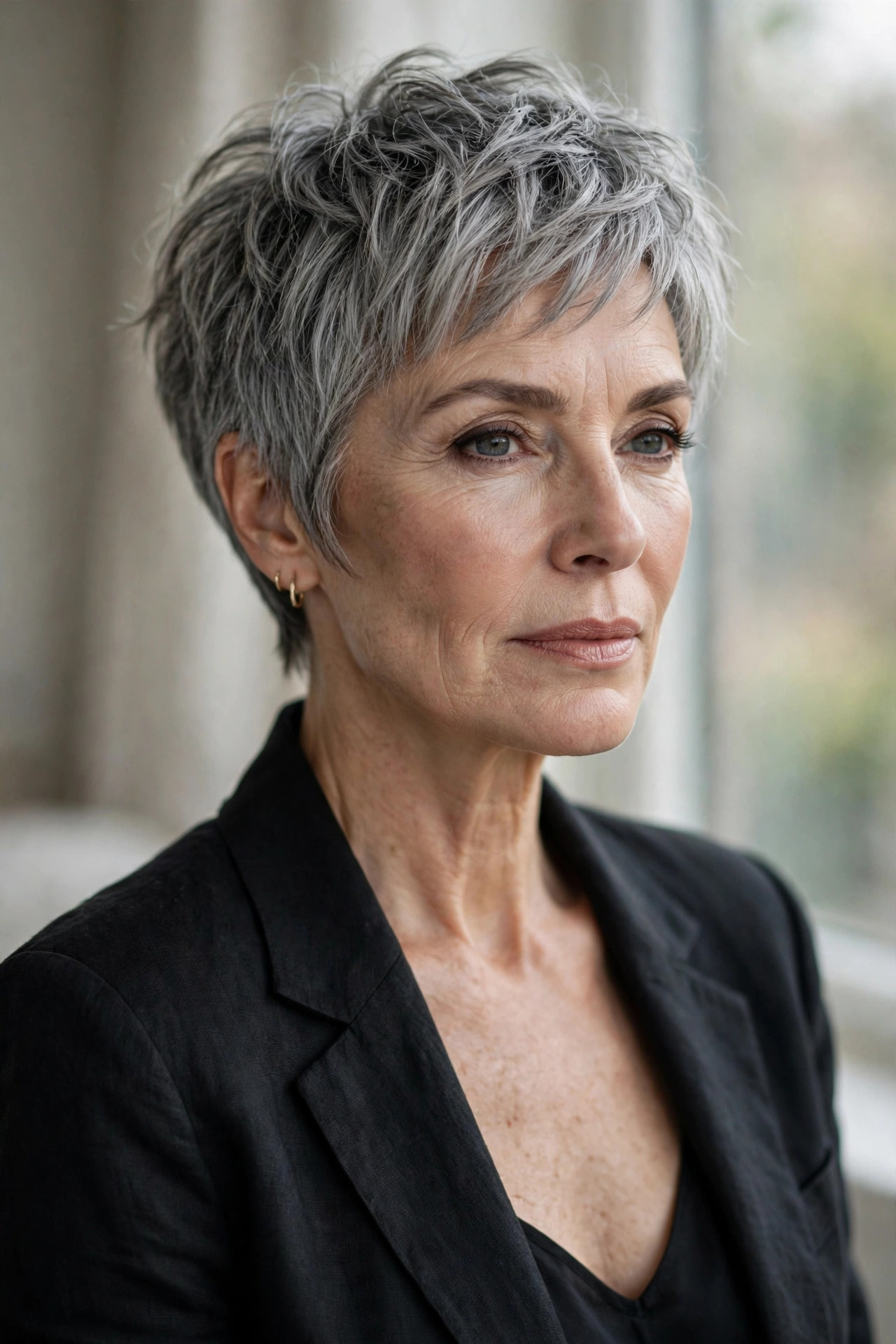 Woman in her 50s with an ash gray textured pixie bob
